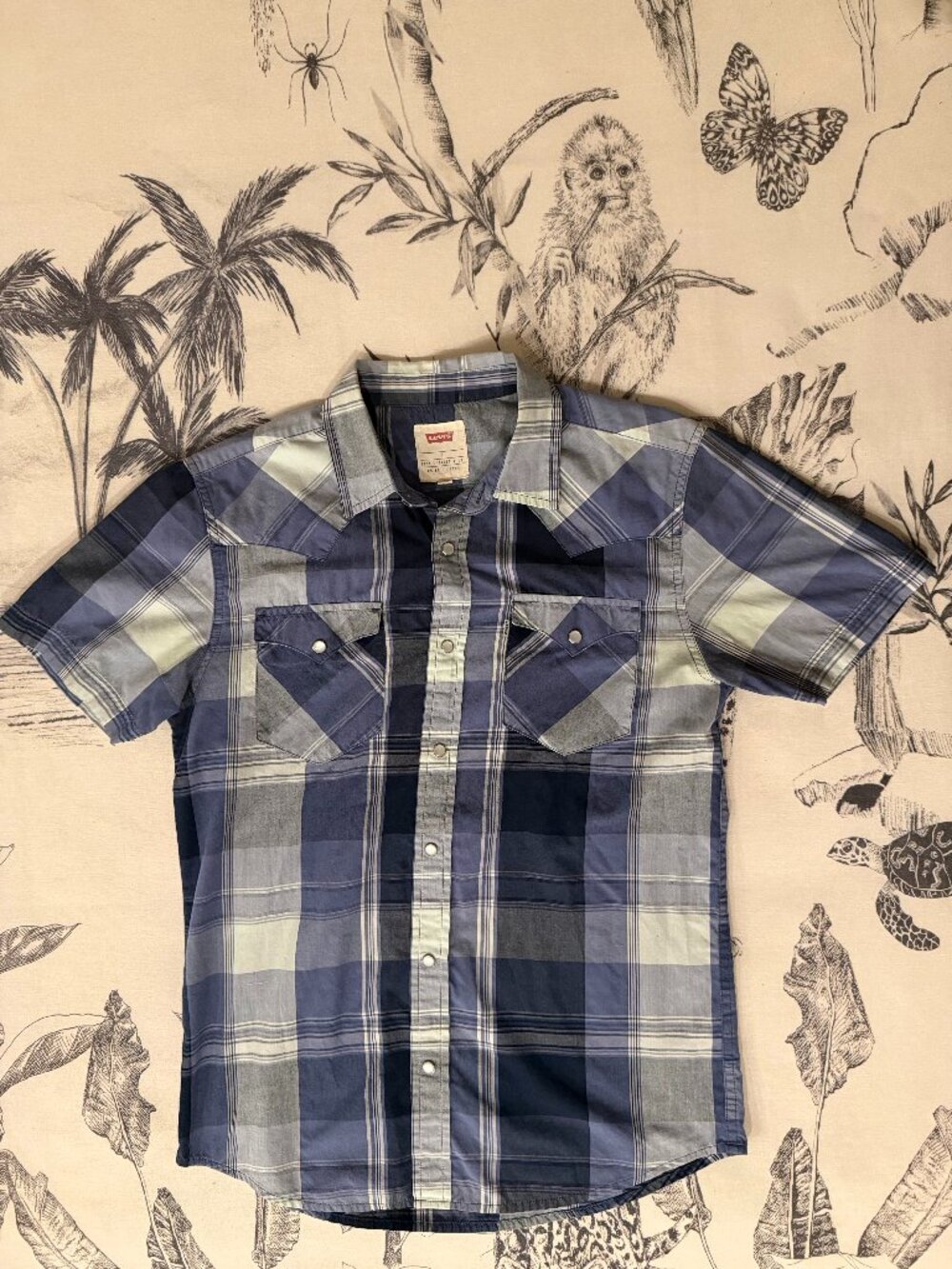 Levi's Men's S Western Pearl Snap Shirt Short Sleeve Blue Plaid Snap Button